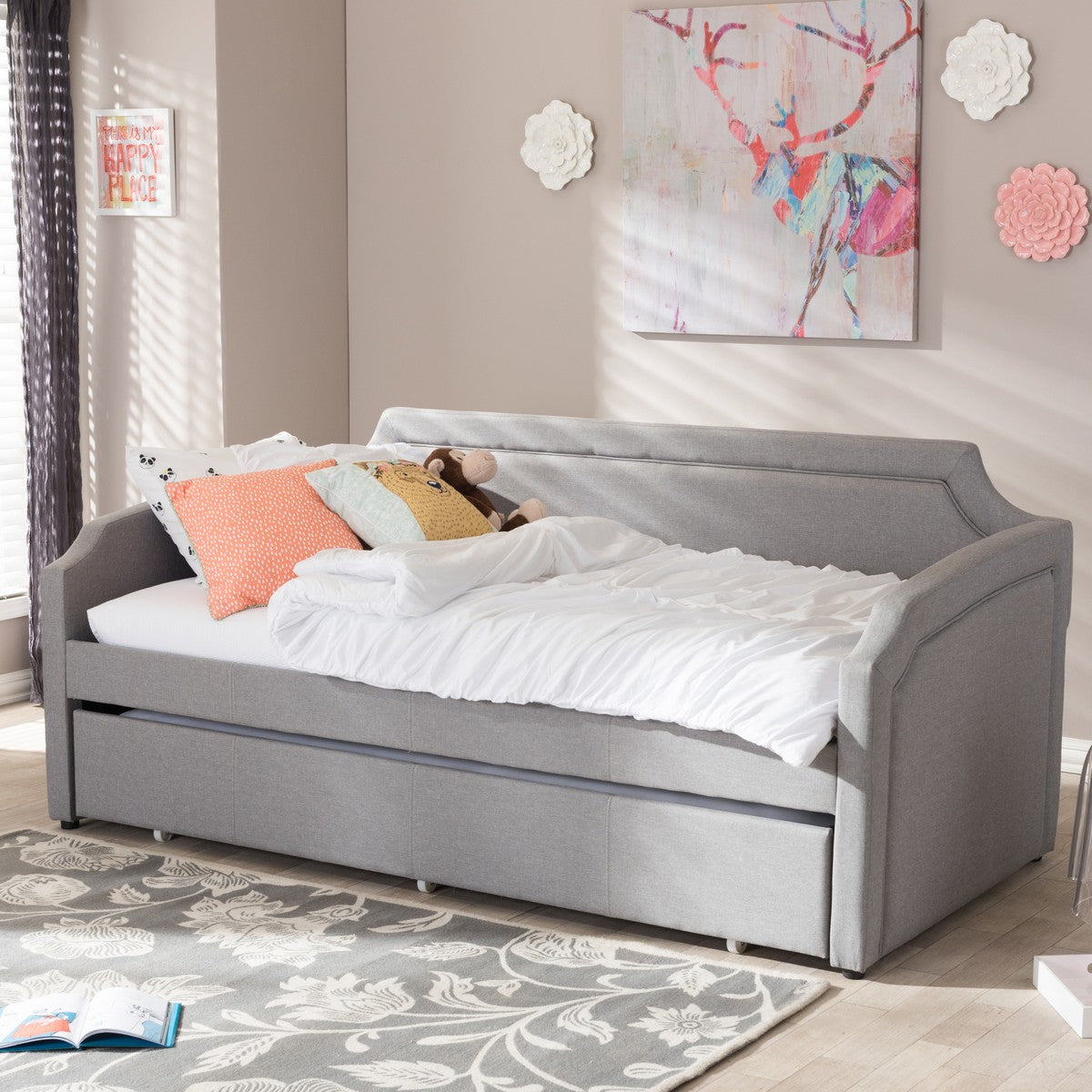 Baxton Studio Parkson Modern and Contemporary Grey Fabric Curved Notched Corners Sofa Twin Daybed with Roll-Out Trundle Guest Bed