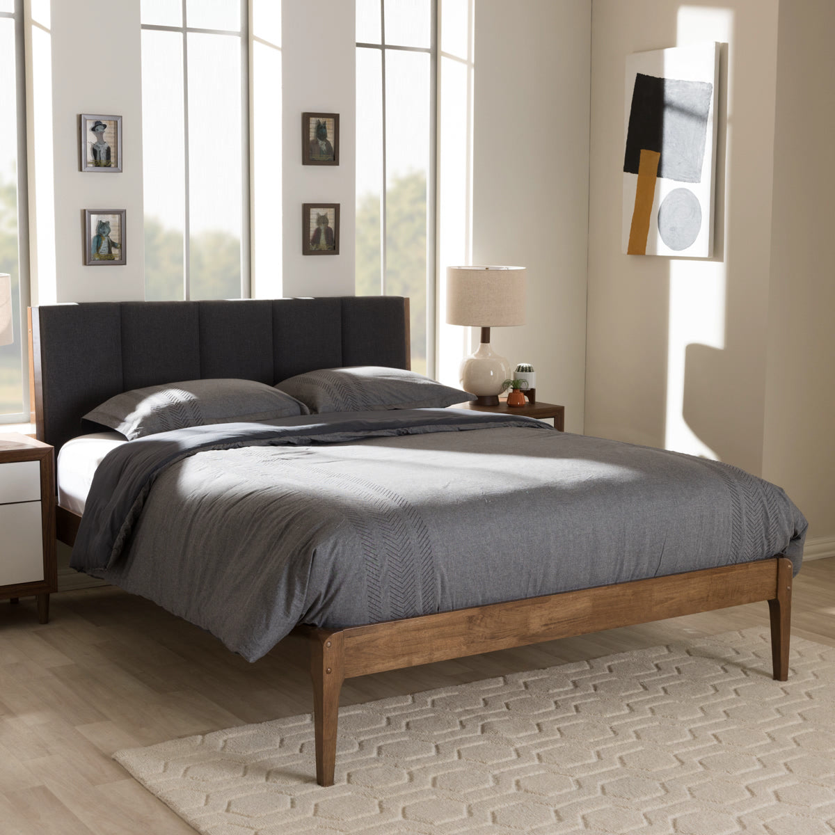 Baxton Studio Ember Mid-Century Dark Grey Fabric and Medium Brown Finish Wood Full Size Platform Bed Baxton Studio-Full Bed-Minimal And Modern - 7