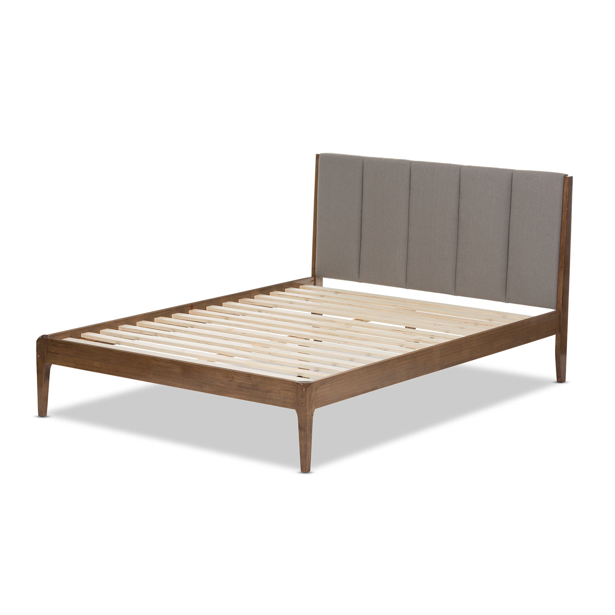 Baxton Studio Ember Mid-Century Light Grey Fabric and Medium Brown Finish Wood Queen Size Platform Bed Baxton Studio-Queen Bed-Minimal And Modern - 4