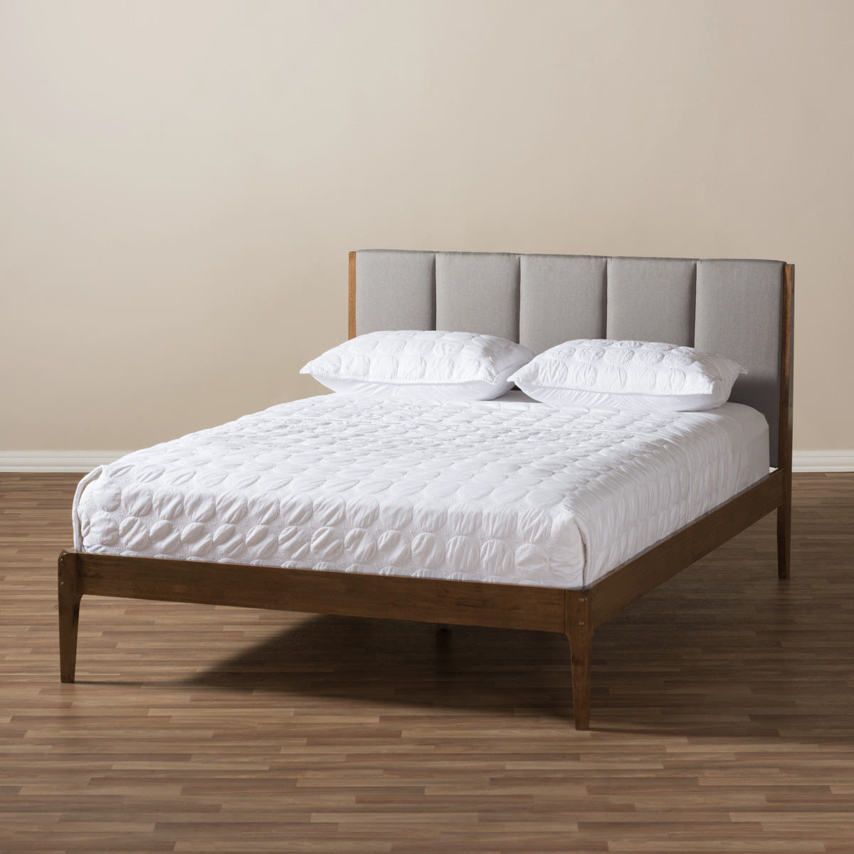 Baxton Studio Ember Mid-Century Light Grey Fabric and Medium Brown Finish Wood Queen Size Platform Bed Baxton Studio-Queen Bed-Minimal And Modern - 8