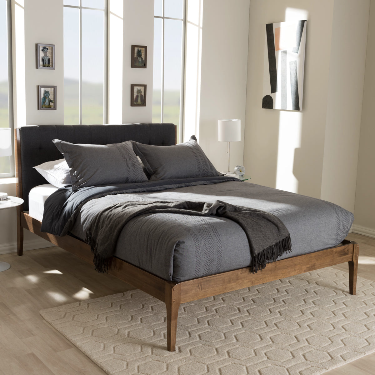 Baxton Studio Clifford Mid-Century Dark Grey Fabric and Medium Brown Finish Wood Queen Size Platform Bed Baxton Studio-Queen Bed-Minimal And Modern - 7